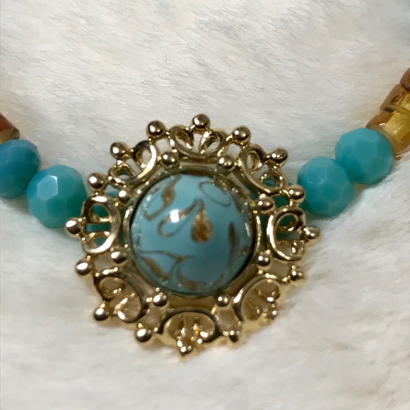 Turquoise Glass and Genuine Amber Bracelet - Picture 2 of 6